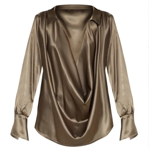 PLT Khaki Cowl Satin Shirt - Picture 2 of 4